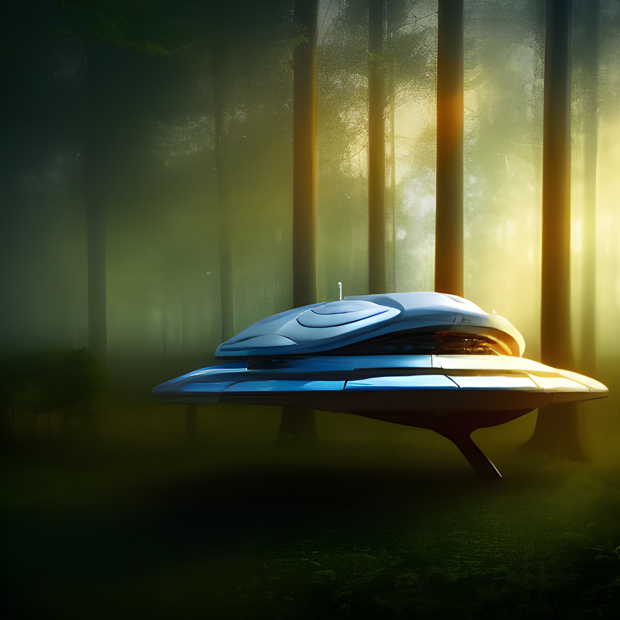 Exploration spaceship landed in misty forest