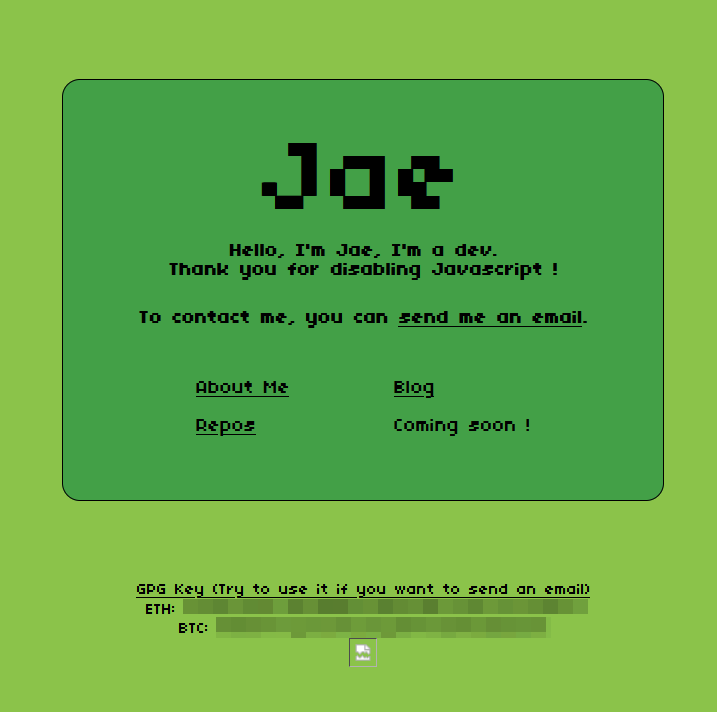 Screenshot of my old website being a black text on green background with various links.