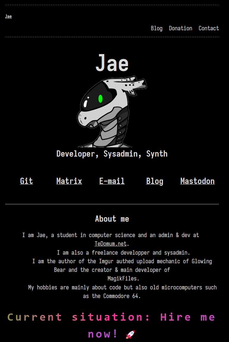 Screenshot of my old website which is white text on black background with a big drawing of Jae the Synth on top of the page.